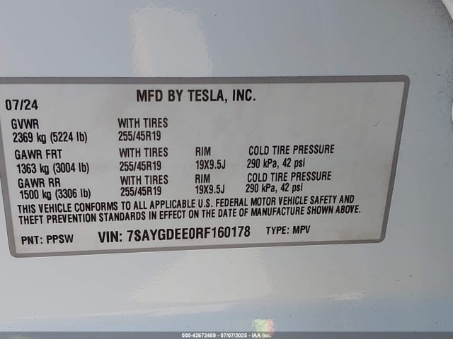 7SAYGDEE0RF160178 Tesla Model Y