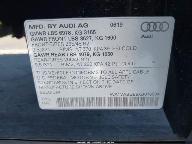 WA1VABGE8KB016934 Audi E-Tron
