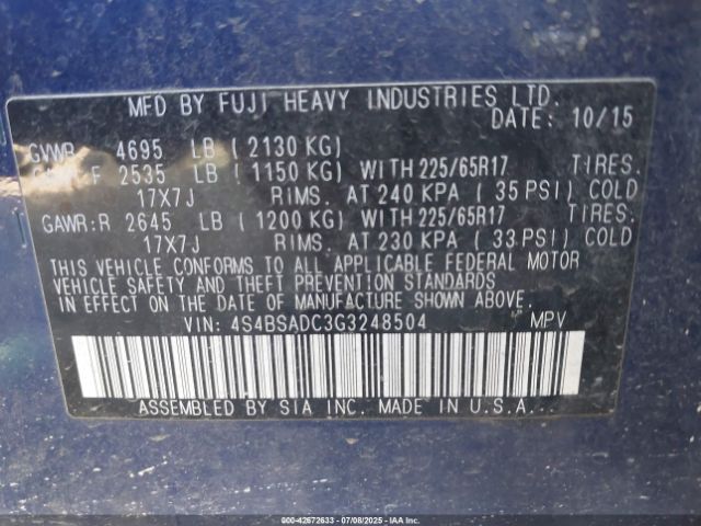 2016 SUBARU OUTBACK 4S4BSADC3G3248504 Photo 8