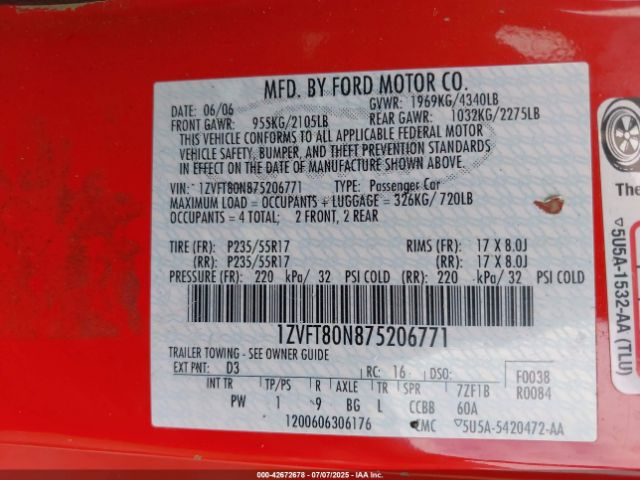 2007 FORD MUSTANG 1ZVFT80N875206771 Photo 8
