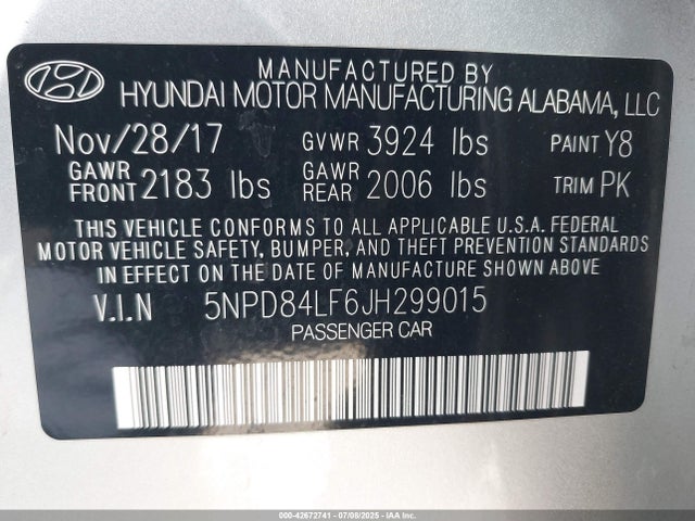 5NPD84LF6JH299015 Hyundai mpi nu
