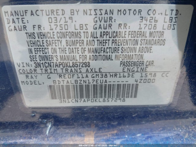 Nissan Versa 2019 3N1CN7AP0KL857298 Image 9