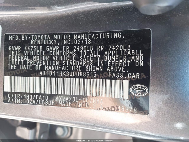 4T1B11HK3JU088615 Toyota a25a-fks