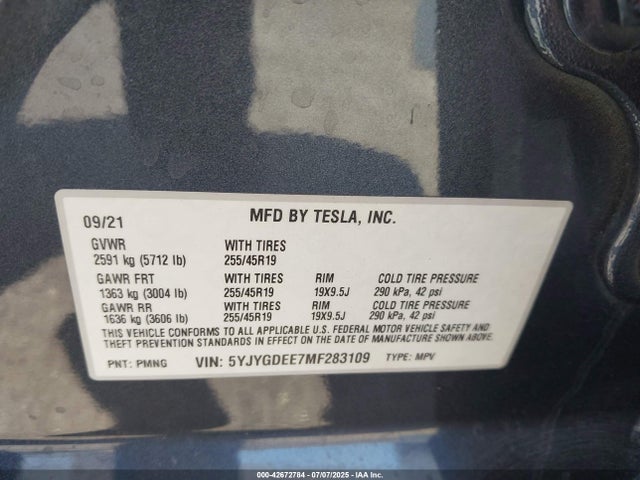 2021 TESLA MODEL Y 5YJYGDEE7MF283109 Photo 8