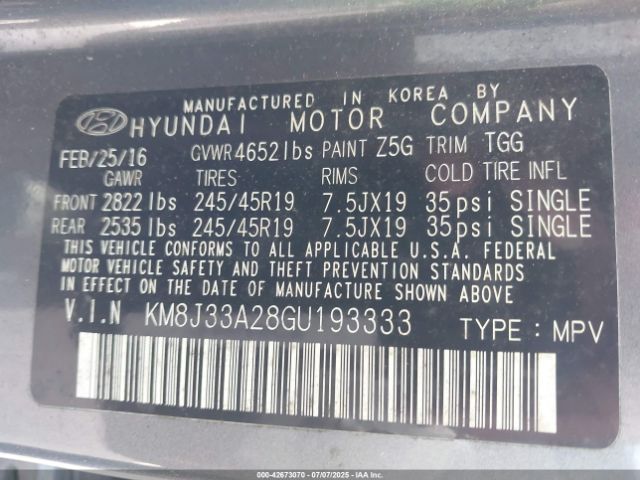 2016 HYUNDAI TUCSON KM8J33A28GU193333 Photo 8