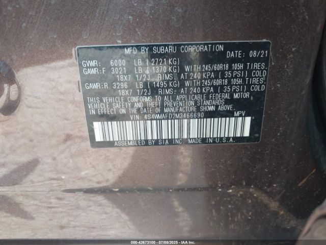 2021 SUBARU ASCENT 4S4WMAFD2M3466690 Photo 8
