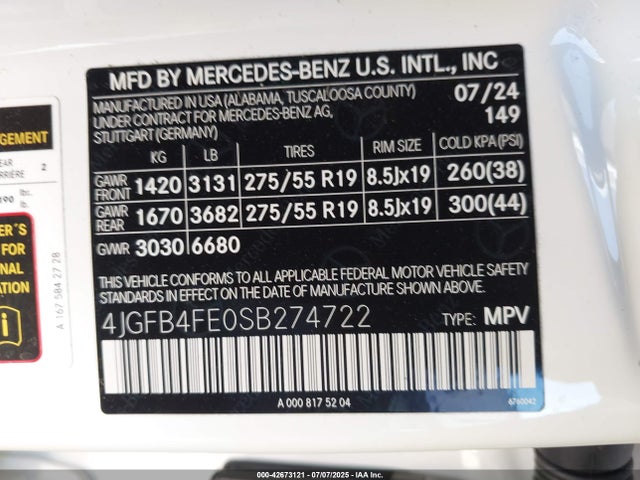4JGFB4FE0SB274722 Mercedes-Benz m254