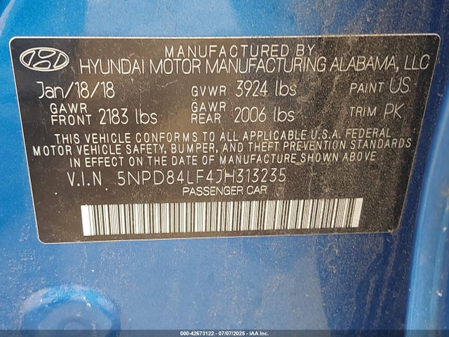 5NPD84LF4JH313235 Hyundai mpi nu