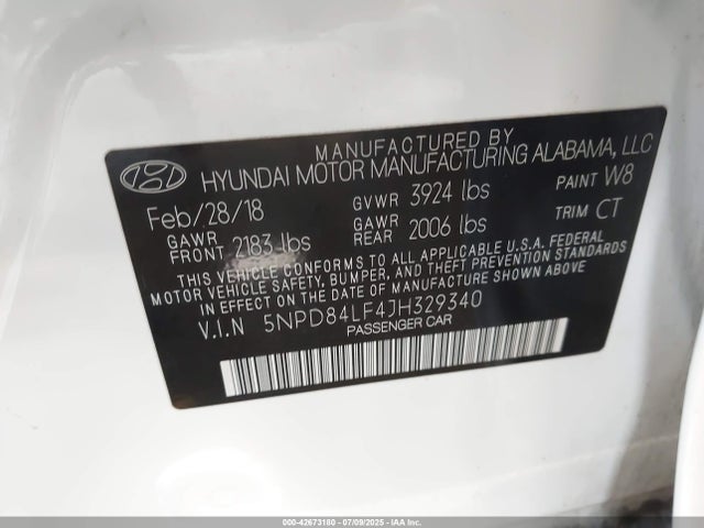 5NPD84LF4JH329340 Hyundai mpi nu