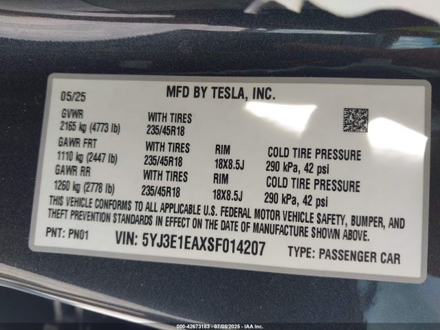 2025 TESLA MODEL 3 5YJ3E1EAXSF014207 Photo 8