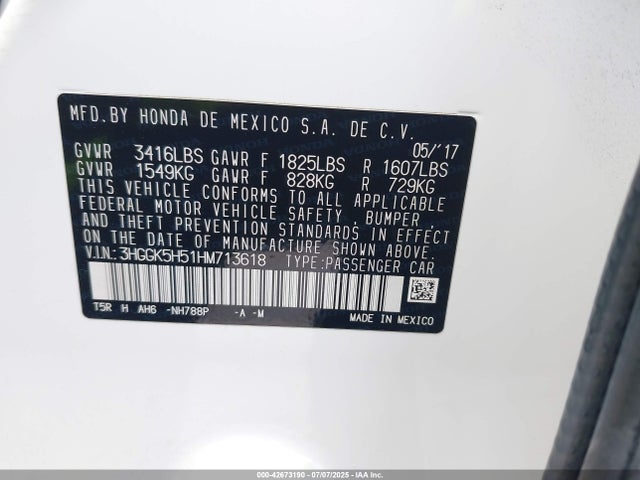 3HGGK5H51HM713618 Honda l15b1/l15b3
