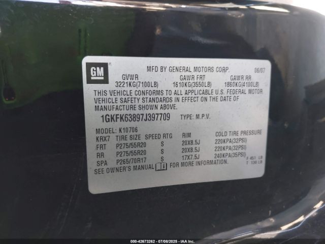 2007 GMC YUKON 1GKFK63897J397709 Photo 8