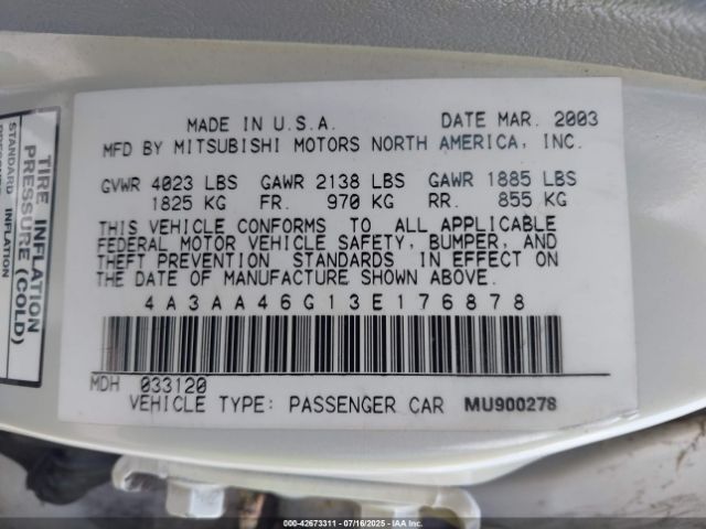 2003 MITSUBISHI GALANT 4A3AA46G13E176878 Photo 8