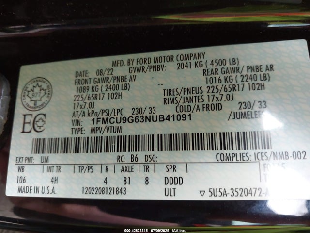 1FMCU9G63NUB41091 Ford dragon di tc