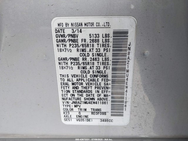 JN8AZ1MU4EW411861 Nissan 2014