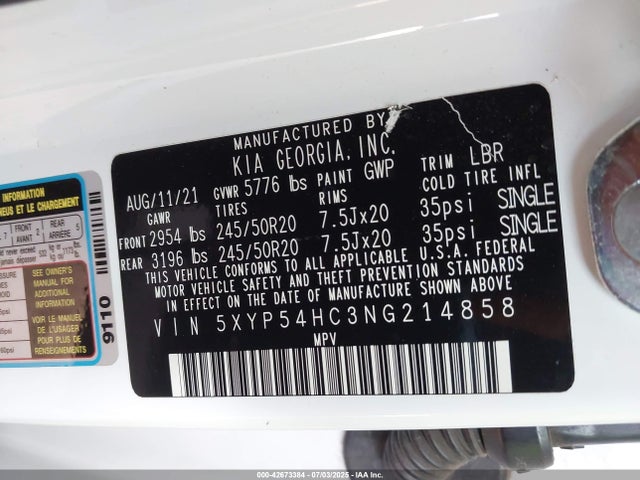 5XYP54HC3NG214858 KIA gdi lambda-ii