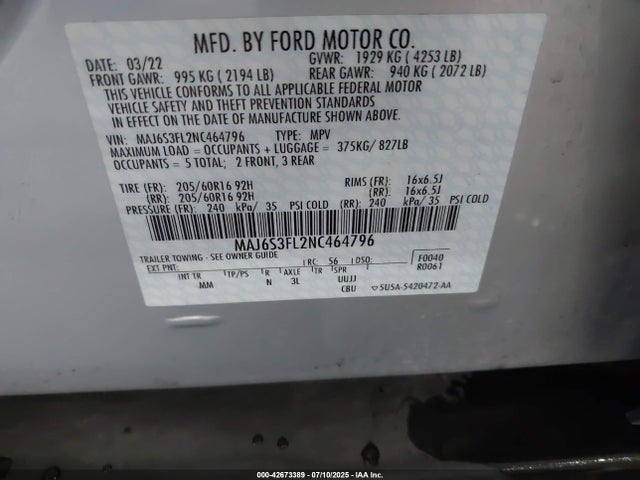 Ford 2022 2022 MAJ6S3FL2NC464796 Image 9