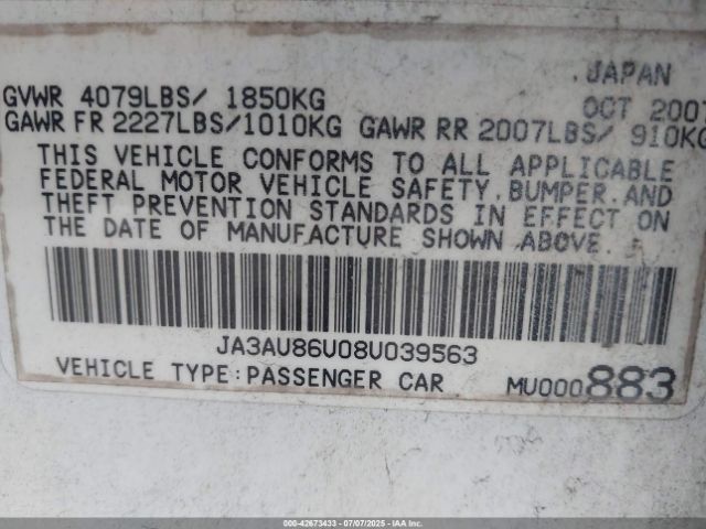 2008 MITSUBISHI LANCER JA3AU86U08U039563 Photo 8