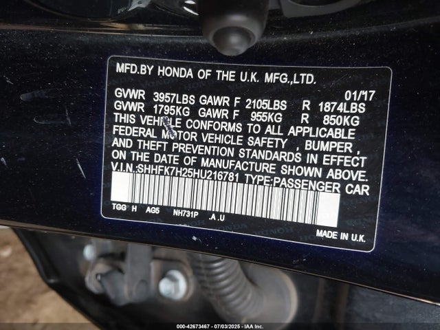 SHHFK7H25HU216781 Honda l15ba