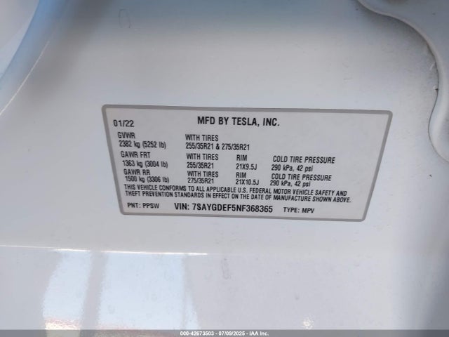7SAYGDEF5NF368365 Tesla 2022