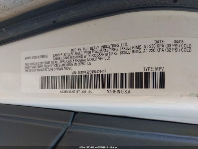 2009 SUBARU TRIBECA 4S4WX92D494401417 Photo 8