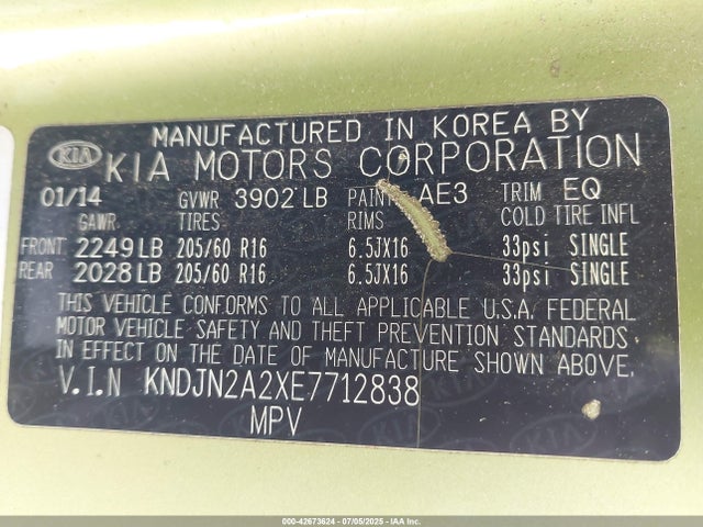 KNDJN2A2XE7712838 KIA dohc gdi gamma