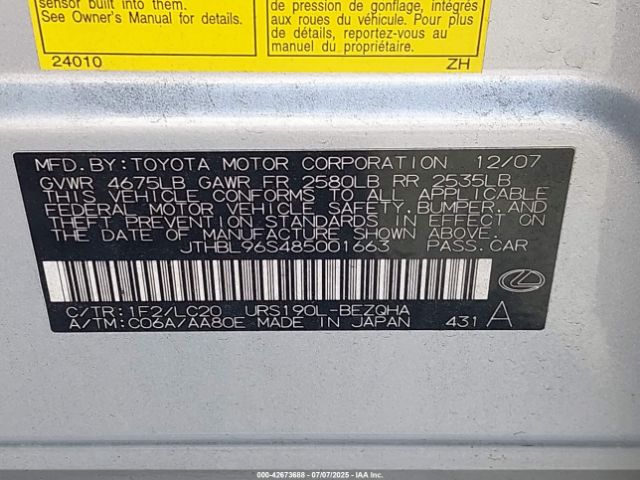 2008 LEXUS GS 460 JTHBL96S485001663 Photo 8
