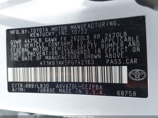 4T1K61AK5PU742163 Toyota a25a-fks