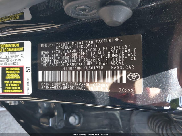 4T1B11HK1KU804378 Toyota a25a-fks