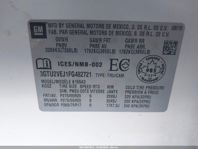3GTU2VEJ1FG482721 GMC l86 - vvt, afm, e85 max, aluminum