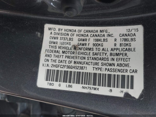 Honda k20c2 2016 2HGFC2F56GH523871 Image 9