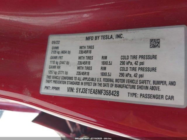 2022 TESLA MODEL 3 5YJ3E1EA8NF358428 Photo 8