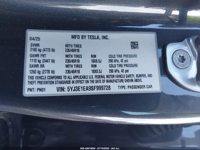 2025 TESLA MODEL 3 5YJ3E1EA9SF999728 Photo 8