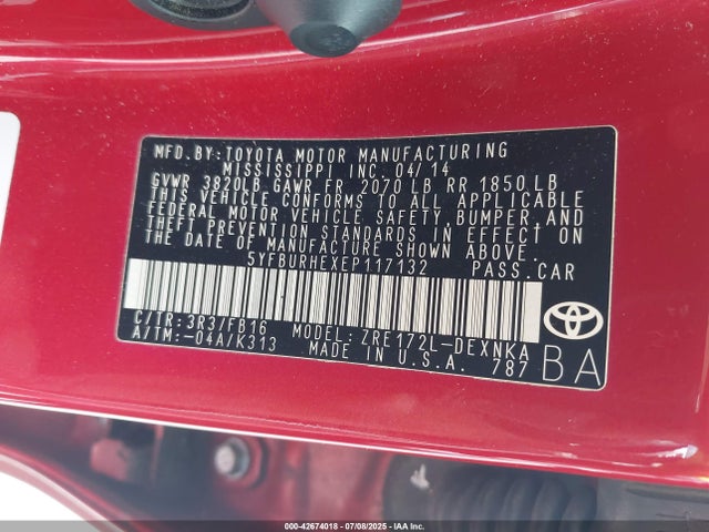 Toyota 2zr-fe 2014 5YFBURHEXEP117132 Image 9