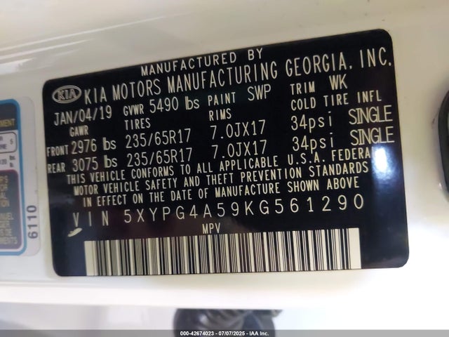 5XYPG4A59KG561290 KIA gdi lambda-ii