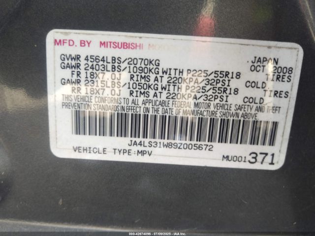 2009 MITSUBISHI OUTLANDER JA4LS31W89Z005672 Photo 8