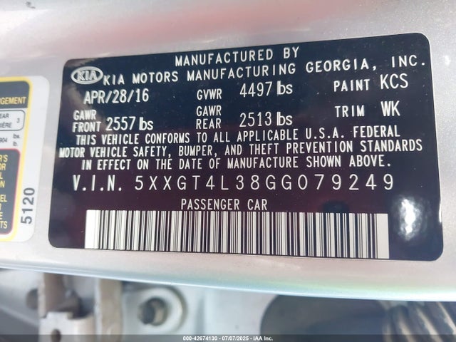 5XXGT4L38GG079249 KIA t-gdi theta ii