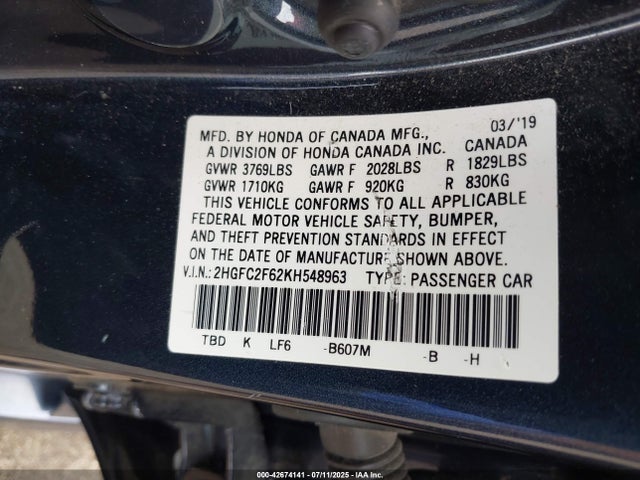 Honda k20c2 2019 2HGFC2F62KH548963 Image 9