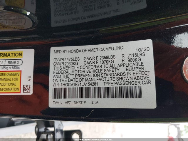 1HGCV1F34LA154281 Honda l15be