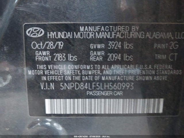 5NPD84LF5LH560993 Hyundai mpi nu