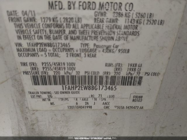 2011 FORD TAURUS 1FAHP2EW8BG173465 Photo 8