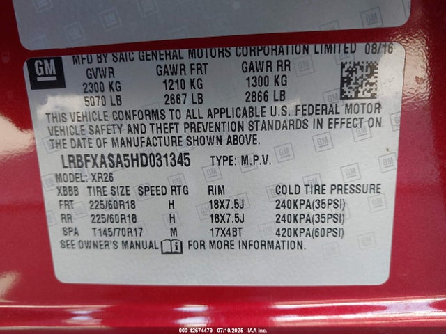 LRBFXASA5HD031345 Buick lcv -sidi: spark ignited direct injection, vvt: variable valve timing, e85 max, e0-e100, alum, dcvcp