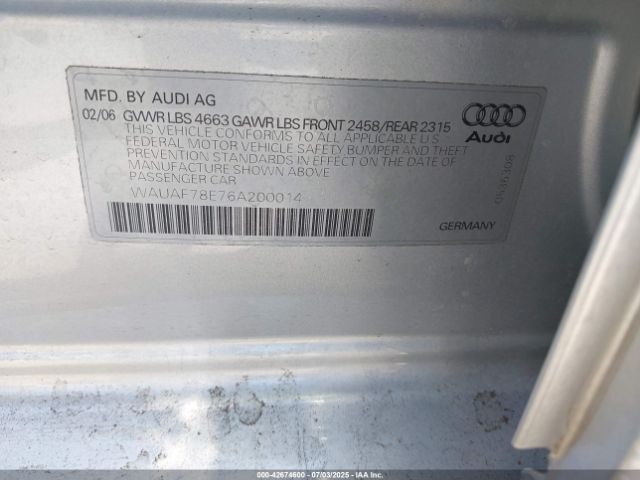 2006 AUDI A4 WAUAF78E76A200014 Photo 8