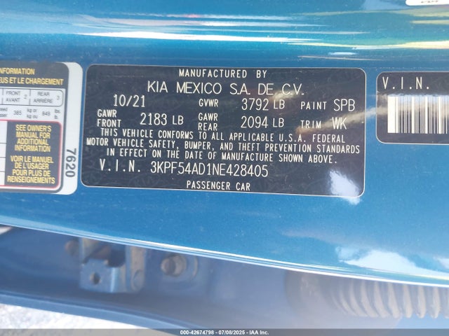 3KPF54AD1NE428405 KIA mpi nu