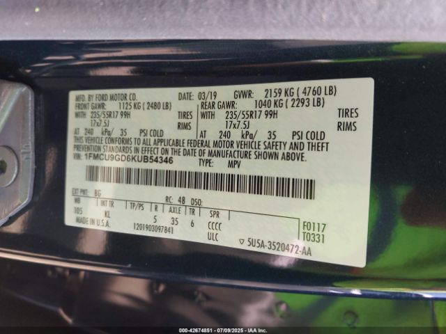 2019 FORD ESCAPE 1FMCU9GD6KUB54346 Photo 8