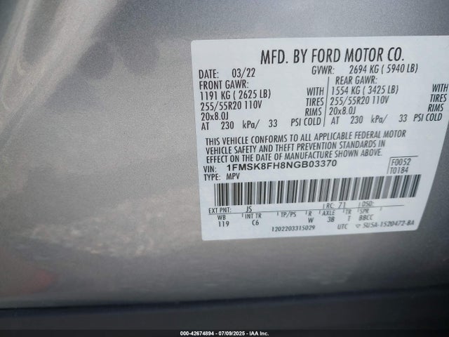 Ford ecoboost 2022 1FMSK8FH8NGB03370 Image 9