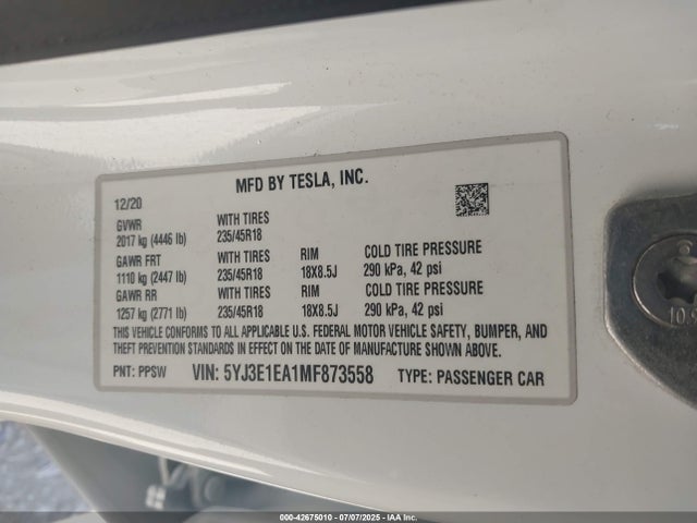 2021 TESLA MODEL 3 5YJ3E1EA1MF873558 Photo 8