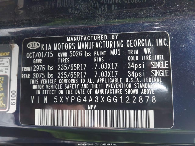 5XYPG4A3XGG122878 KIA dohc gdi theta ii
