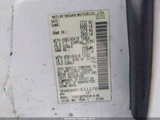 2012 NISSAN PATHFINDER 5N1AR1NN0CC611570 Photo 8
