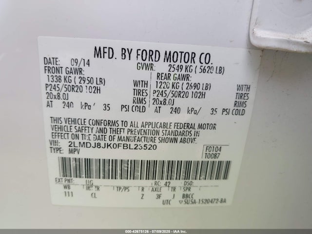 Lincoln MKX 2015 2LMDJ8JK0FBL23520 Image 9